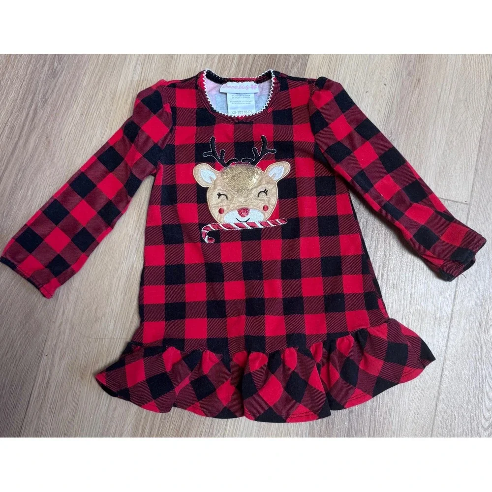 Bonnie Baby Christmas Reindeer Buffalo Plaid Tunic & Bell Bottom Pants Set 24M